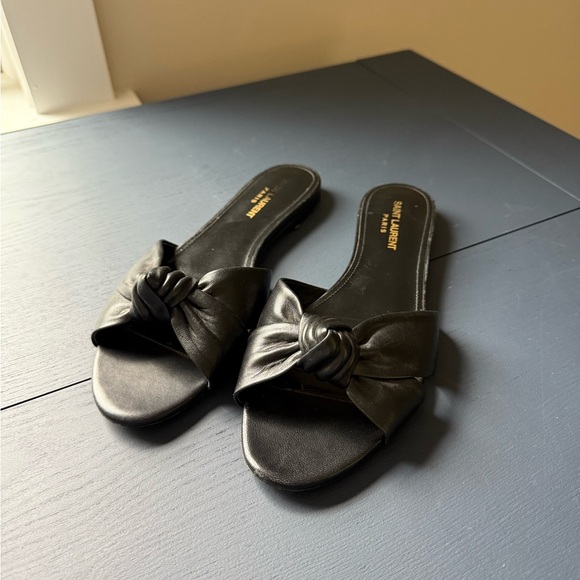 Saint Laurent Bianca Flat Black Leather Slide Sandals, 39.5 - Picture 1 of 6